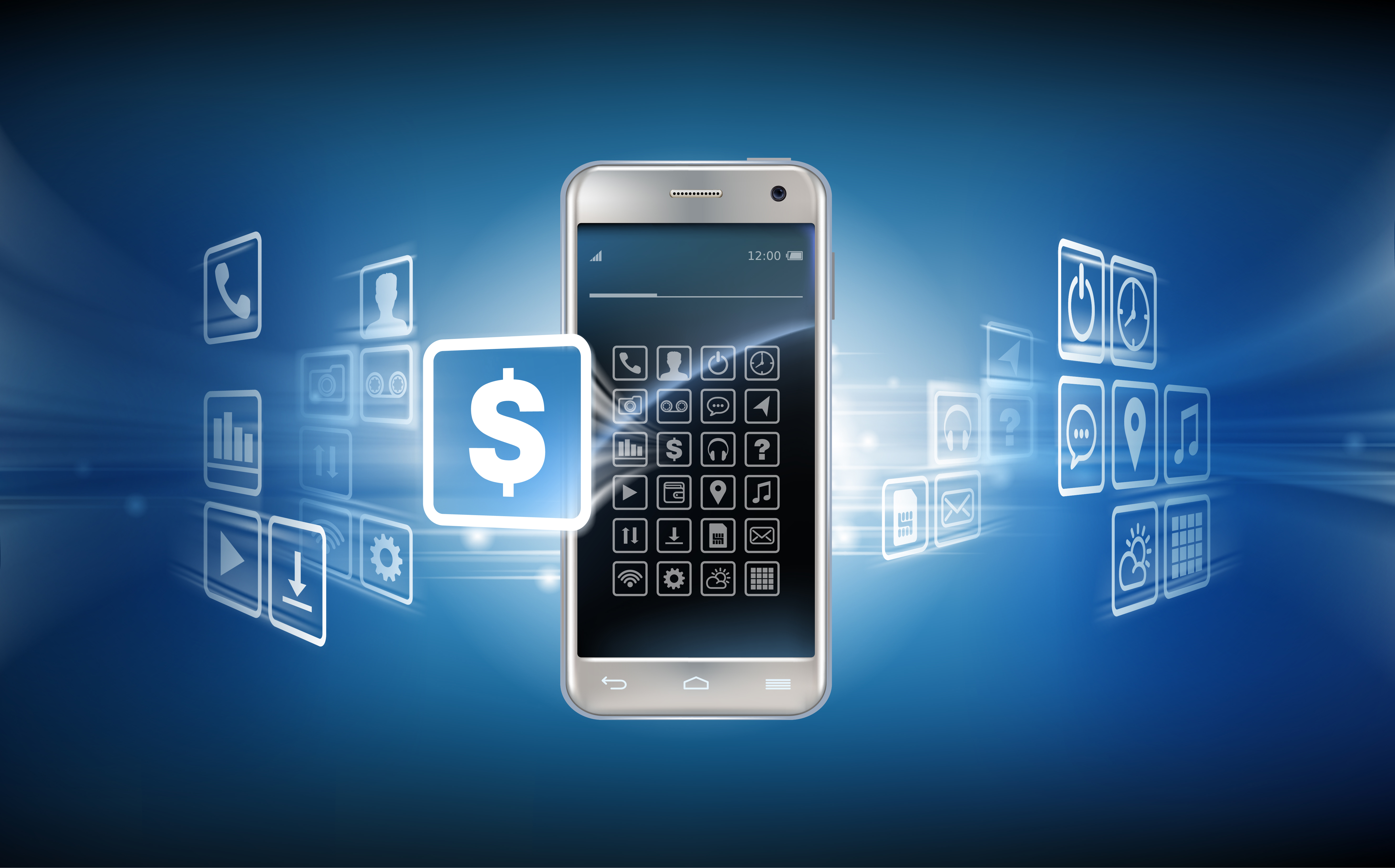Vector illustration in a realistic style the concept of mobile payments using the application on your smartphone. Illustration of the smartphone and bank cards on an abstract background.