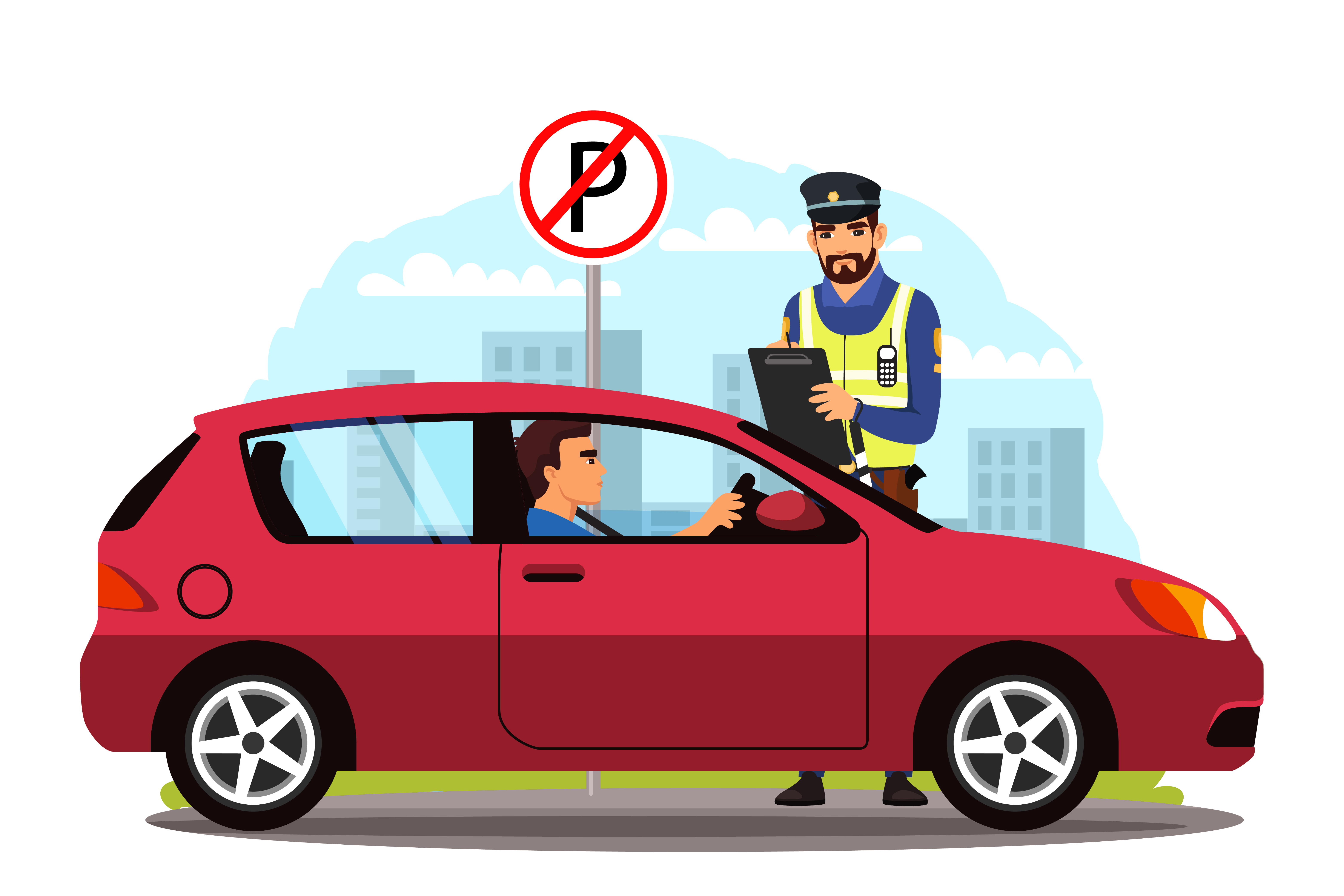 Police officer writing fine for illegal parking. Man sitting in car, policeman standing with tablet, no parking road sign, street rules and safety