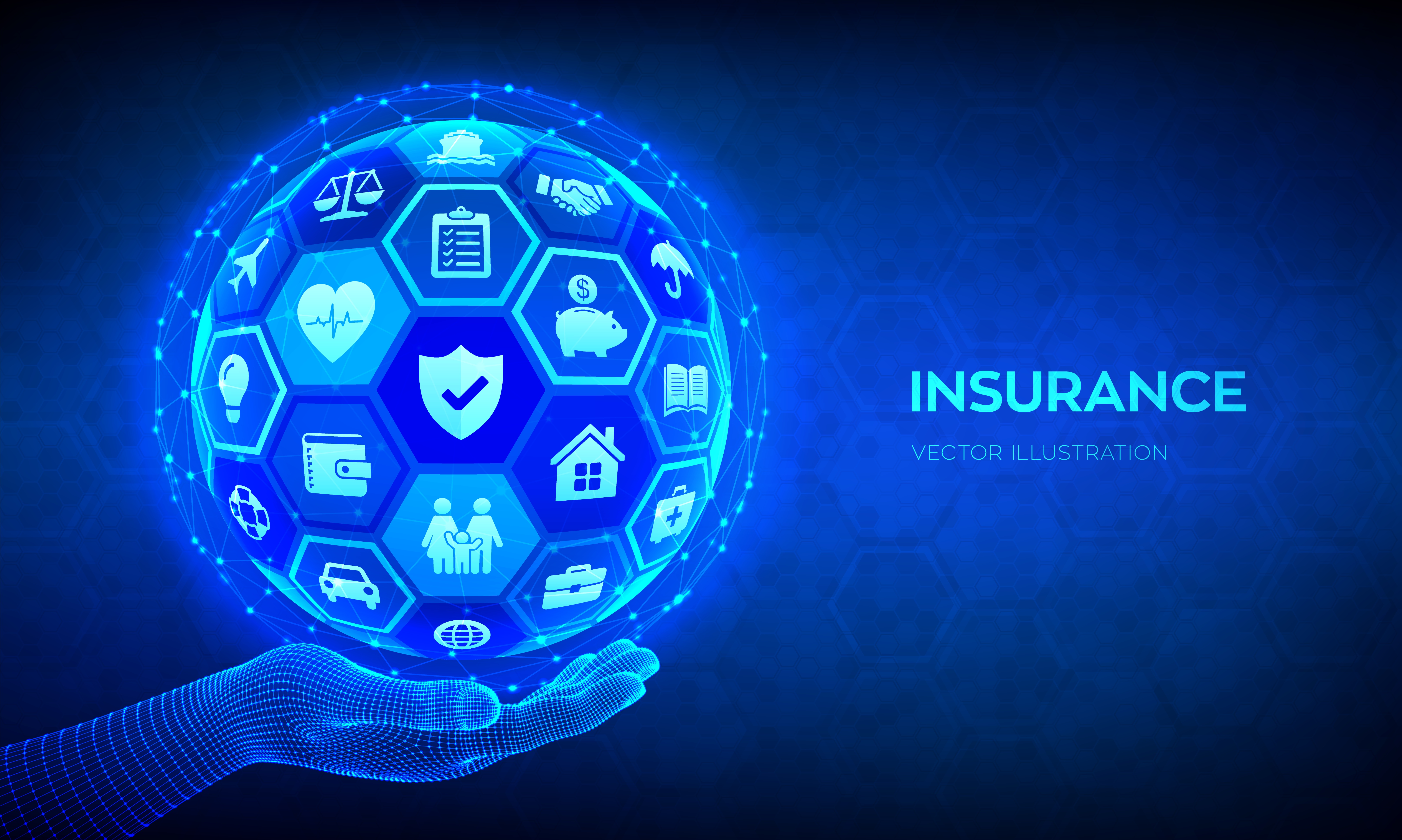 Insurance Services Concept. Car, travel, family, real estate, education, intellectual property, financial and health insurance. Abstract 3D sphere or globe with icons in hand. Vector illustration