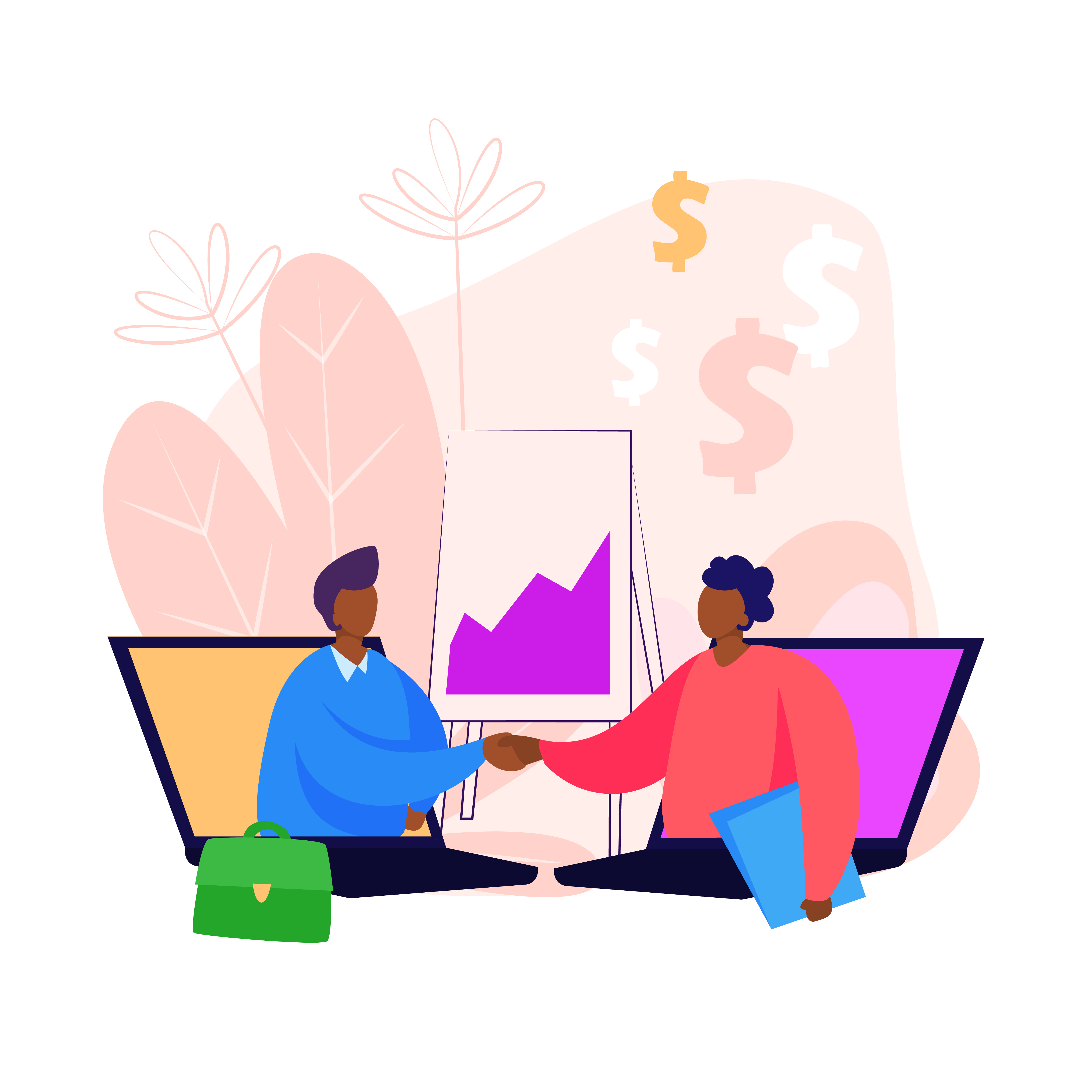 Businesswomen sticking out from computer screens and shaking hands. Laptop, chart, diagram, handshake. Business concept. Vector illustration for topics like agreement, deal, cooperation