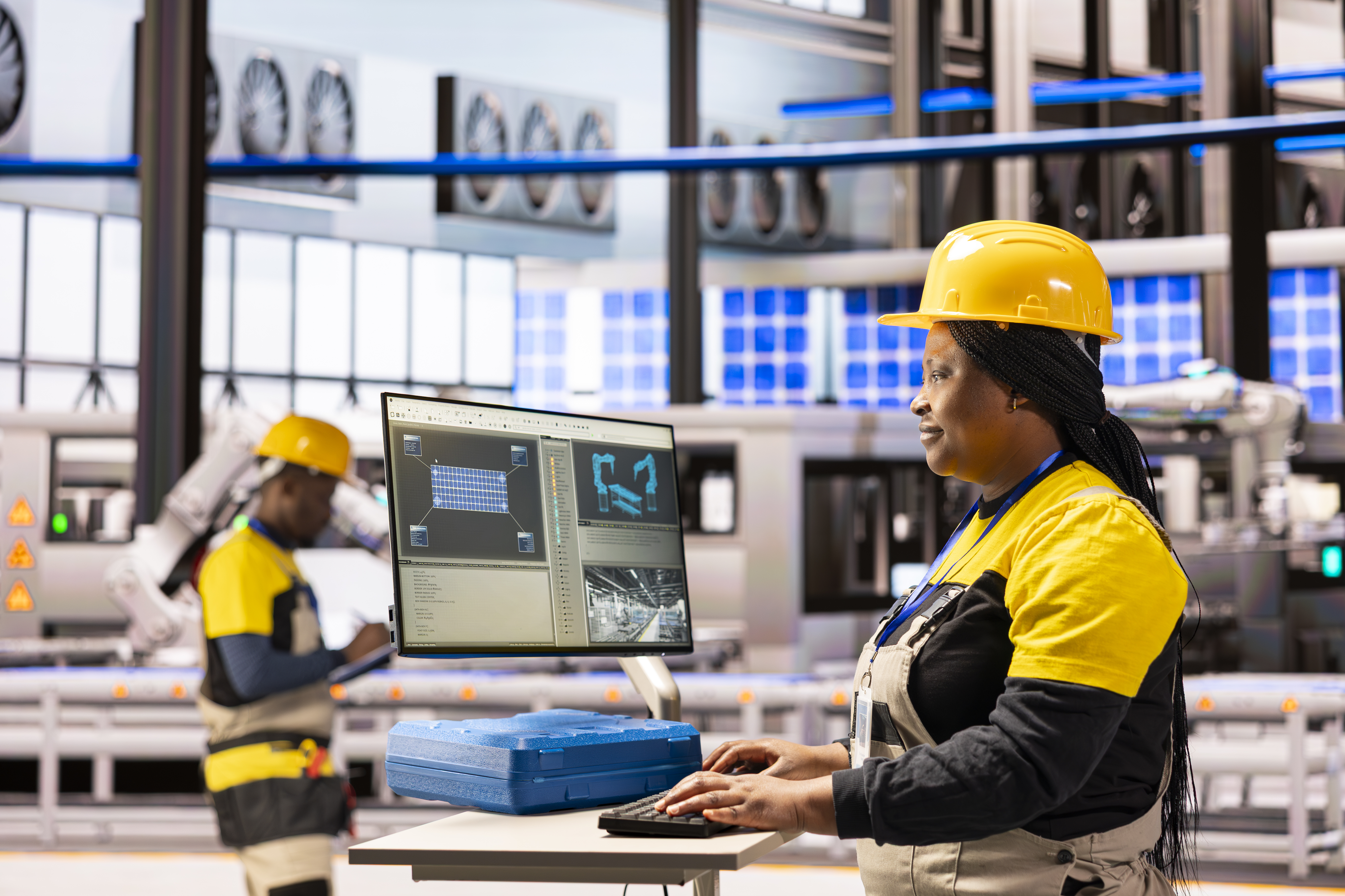Automation engineer maintaining solar panel software in industrial facility. Professional female technician optimizing system performance and managing automated machinery in smart manufacturing plant.