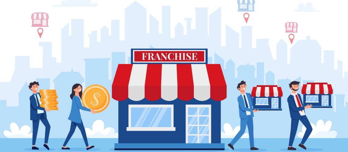 Franchise business composition with images of stores held by characters of business people with location signs vector illustration
