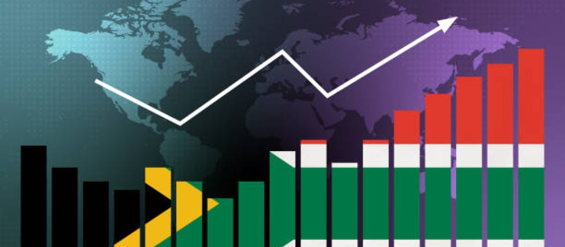 South Africa bar chart graph with ups and downs, increasing values, concept of economic recovery and business improving, businesses reopen, politics conflicts, war concept with flag