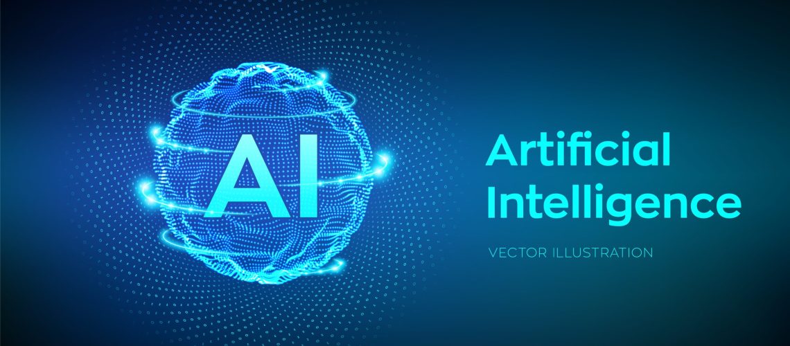 AI. Artificial Intelligence Logo. Artificial Intelligence and Machine Learning Concept. Sphere grid wave with binary code. Big data innovation technology. Neural networks. Vector illustration