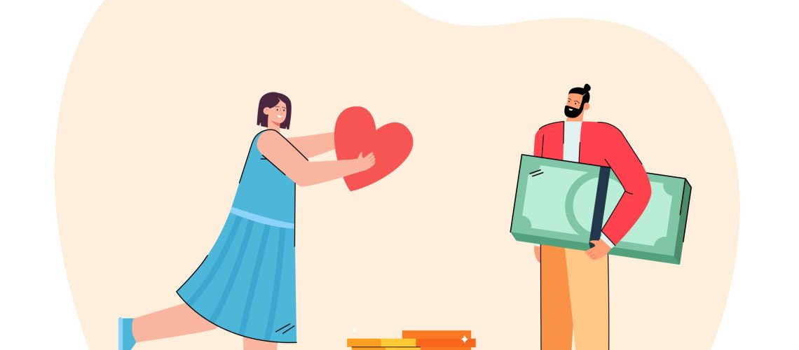 Girl giving love to rich man. Flat vector illustration. Tiny man holding giant banknotes and coins, girl handing him giant red heart. Love, wealth, values, feelings, money, unequal marriage concept