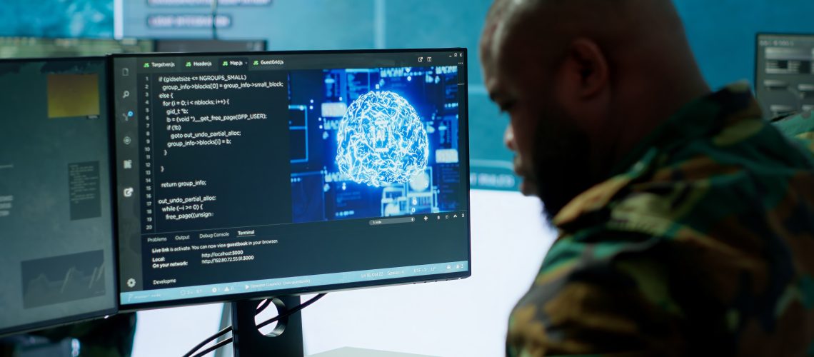 Machine learning specialist monitors satellite data and neural network to collect data for operations. Programming algorithms for cybersecurity and national safety, AI brain visualization. Camera A.