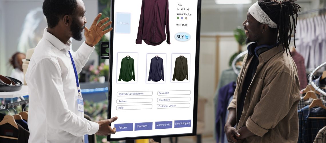 People look at clothing kiosk service with interactive board in fashion retail store. Male worker helping customer to buy modern clothes and items on self ordering touch screen monitor.