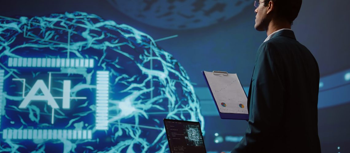 Startup employee looking over business charts, using AI software to take data driven decisions in tech industry. IT expert developing innovative artificial intelligence solutions for company, camera B