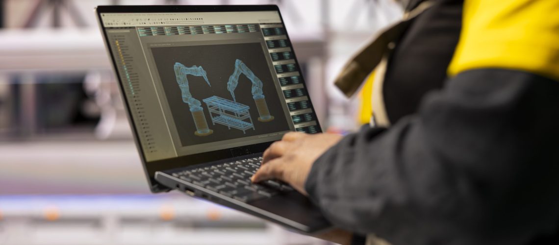 Technician oversees industry 4.0 system, managing robotic arms and conveyor belts on assembly line in smart manufacturing plant. African american engineer integrating innovation and technology.